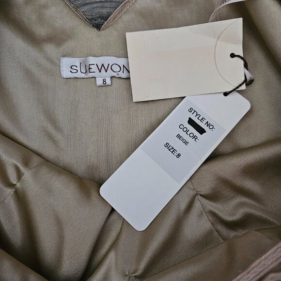 Sue Wong New Lace V Neck Three Quarter Sleeve Lined Beige Cocktail Sheath Dress - Picture 14 of 15